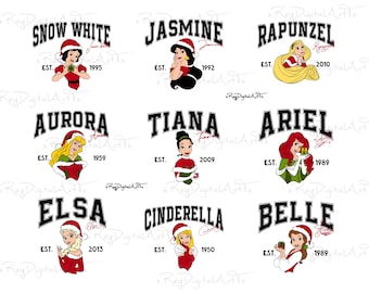 May include: Nine Christmas-themed illustrations of Disney princesses, each with their name in a varsity-style font and an established year. The princesses are Snow White, Jasmine, Rapunzel, Aurora, Tiana, Ariel, Elsa, Cinderella, and Belle.