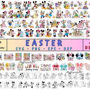 May include: A collection of 470 Easter-themed SVG, PNG, EPS, and DXF digital design files featuring Mickey Mouse and other Disney characters. The designs include a variety of Easter-related images, such as eggs, bunnies, and flowers.