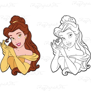 May include: A cartoon illustration of Belle from Beauty and the Beast. Belle is wearing a yellow dress with a brown bodice and has her hands clasped in front of her. She has long brown hair and is smiling.