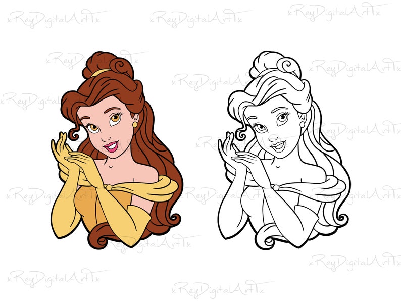May include: A cartoon illustration of Belle from Beauty and the Beast. Belle is wearing a yellow dress with a brown bodice and has her hands clasped in front of her. She has long brown hair and is smiling.