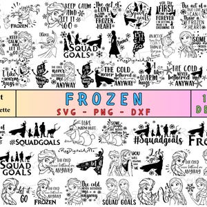 Può includere: Una collezione di disegni in bianco e nero a tema Frozen, tra cui Elsa, Olaf e citazioni come "All'alba sorgerò". L'immagine presenta anche le parole "Frozen" e "SVG - PNG - DXF."