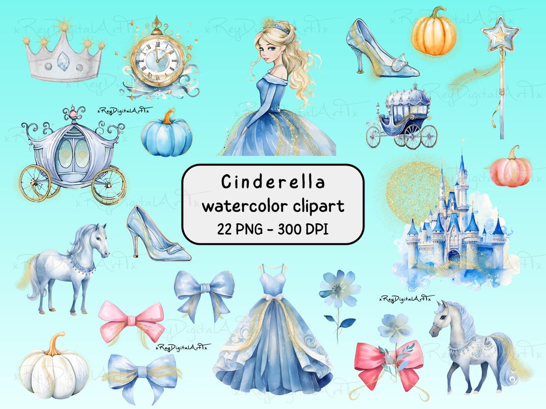 Cinderella Watercolor Clipart, Cinderella Png Bundle, Princess ...
