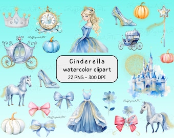 Aschenputtel Aquarell Clipart, Aschenputtel Png-Bundle, Prinzessin Aschenputtel Drucke, Prinzessin Schuhe Bogen Krone Pferd, Aschenputtel Sublimation