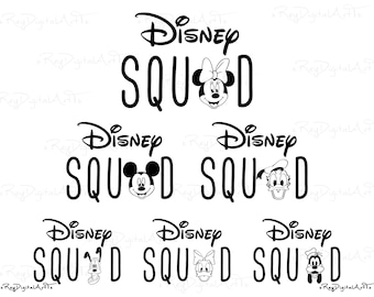 May include: Black and white graphic featuring the word "Disney" above the word "Squad" with various Disney character faces replacing the letter "D". Characters include Minnie Mouse, Mickey Mouse, Donald Duck, Daisy Duck, and Goofy.