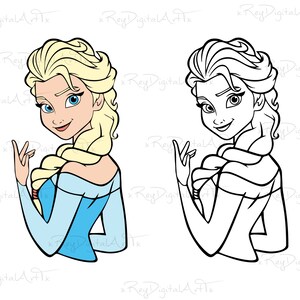 May include: A cartoon illustration of a princess with blonde hair and a blue dress. The princess is looking over her shoulder and smiling. The image is in colour and black and white.