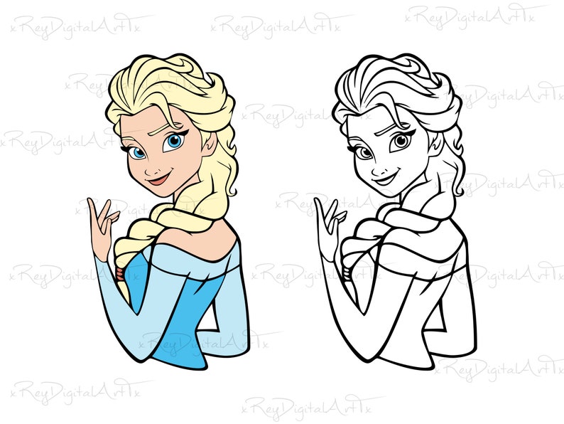 May include: A cartoon illustration of a princess with blonde hair and a blue dress. The princess is looking over her shoulder and smiling. The image is in colour and black and white.