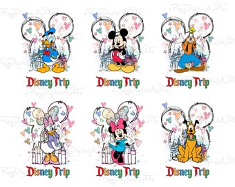 May include: Six colorful digital illustrations of Disney characters, Mickey Mouse, Minnie Mouse, Donald Duck, Daisy Duck, Goofy, and Pluto. Each character is in front of a stylized drawing of Cinderella's Castle with fireworks and balloons. The text "Disney Trip" is below each image.