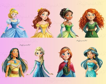 Aquarell Prinzessin Clipart, Prinzessin Png-Bundle, Elsa und Anna Png, Cinderella Clipart, Merida Druck, Jasmin Png, Belle Clipart, Tiana Png