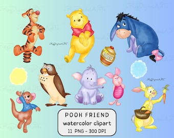 Akvarell Winnie och vänner png-bunt, Pooh Bear png, Pooh vänner png, Pooh utskrivbar, tecknade figurer clipart