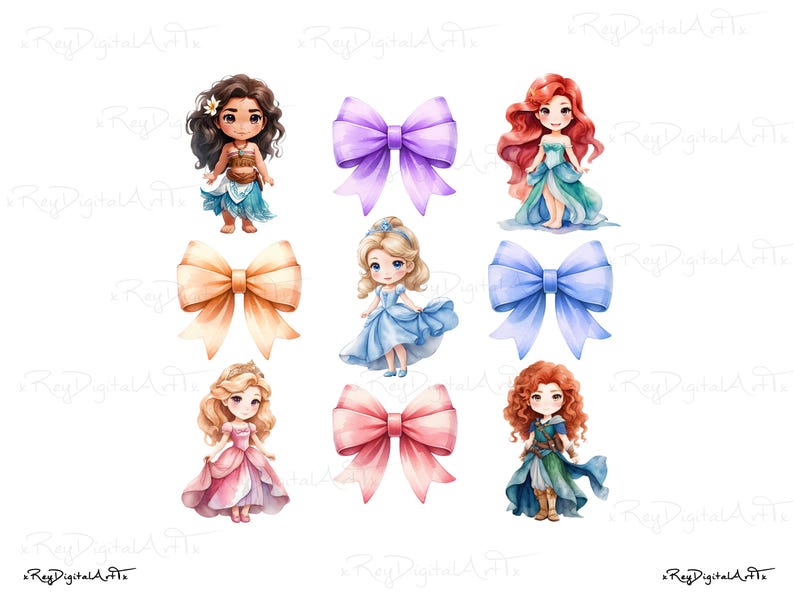 Cute Princess Bow Png, Watercolor Princess, Princess Png Bundle, Baby ...