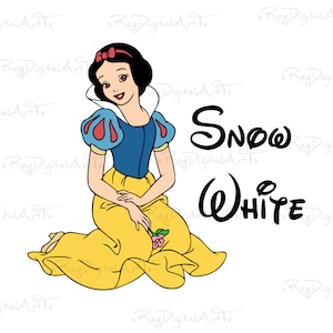 May include: Snow White, a Disney princess, is sitting with her legs crossed and holding a pink rose. She is wearing a yellow dress with a blue bodice and a red bow in her hair. The text "SNOW WHITE" is written in black cursive letters.
