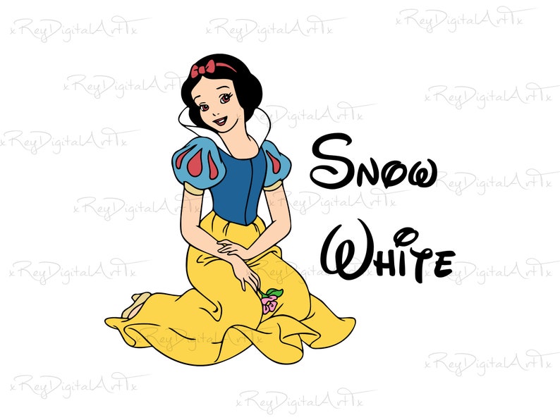 May include: Snow White, a Disney princess, is sitting with her legs crossed and holding a pink rose. She is wearing a yellow dress with a blue bodice and a red bow in her hair. The text "SNOW WHITE" is written in black cursive letters.