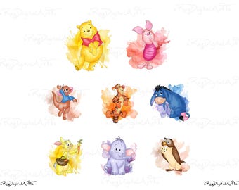 Classic Pooh Watercolor Clipart Bundle, Nursery Decor, Baby Shower Sublimation Design, Pooh Friends Prints, Digital Download