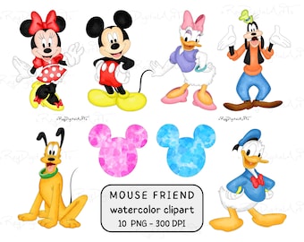 Mouse Friends Watercolor Clipart Set, Family Trip Png, Family Vacation Png, Watercolor Cartoon Characters Clipart, Mouse Head Png