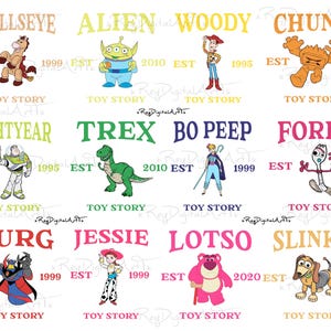 Toy Story Characters Png Bundle, Vintage Toy Story Png, Cartoon Character Clipart, Sublimation, Toy Story Est Co Png, Woody, Buzz, Trex