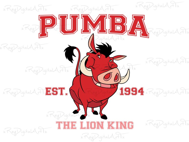 May include: A red cartoon warthog with a white tusk and a black mane. The text "PUMBA EST. 1994 THE LION KING" is written in red letters with a white outline.