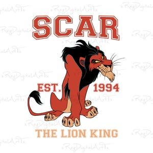 May include: A red lion with a black mane and a mischievous grin. The lion is sitting on a white background with the text "SCAR EST. 1994 THE LION KING" in red and orange.
