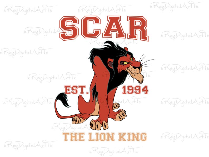 May include: A red lion with a black mane and a mischievous grin. The lion is sitting on a white background with the text "SCAR EST. 1994 THE LION KING" in red and orange.