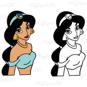 May include: A black and white illustration of a cartoon princess with long black hair, wearing a blue and gold outfit. The princess is looking to the right of the image.