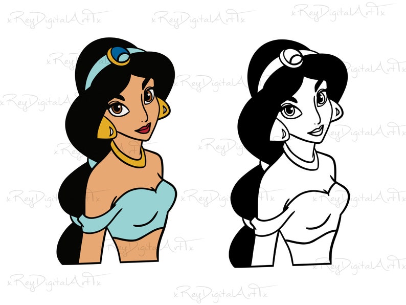 May include: A black and white illustration of a cartoon princess with long black hair, wearing a blue and gold outfit. The princess is looking to the right of the image.