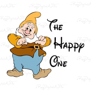 May include: A cartoon illustration of a happy dwarf with a yellow hat and a brown belt. The text "THE HAPPY ONE" is written in black next to the dwarf.