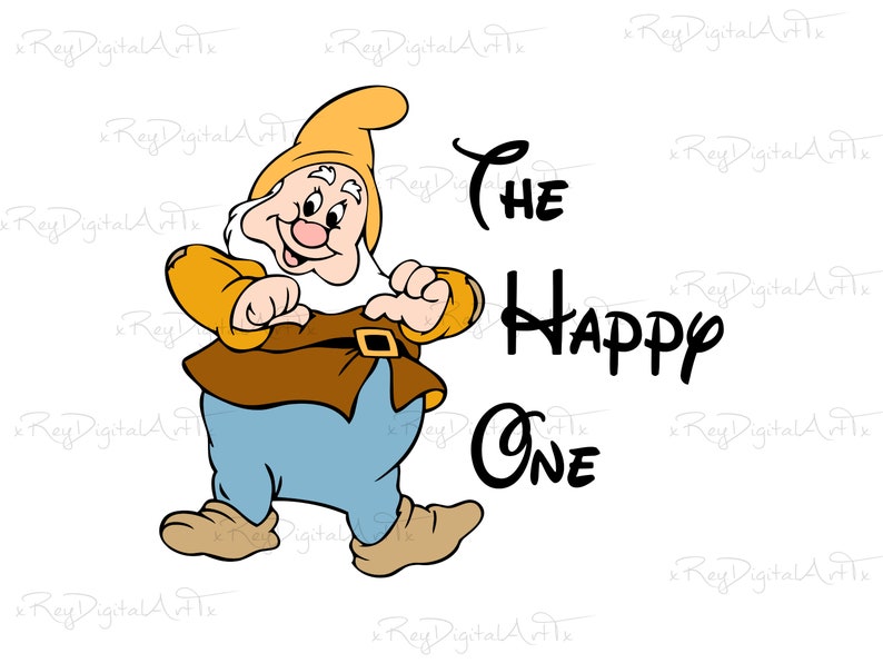 May include: A cartoon illustration of a happy dwarf with a yellow hat and a brown belt. The text "THE HAPPY ONE" is written in black next to the dwarf.