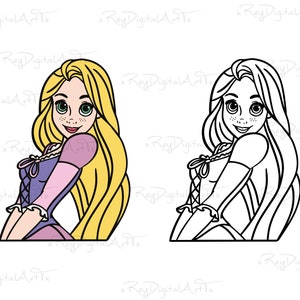May include: A cartoon illustration of a princess with long blonde hair, wearing a purple and pink dress. She is looking over her shoulder with a smile.