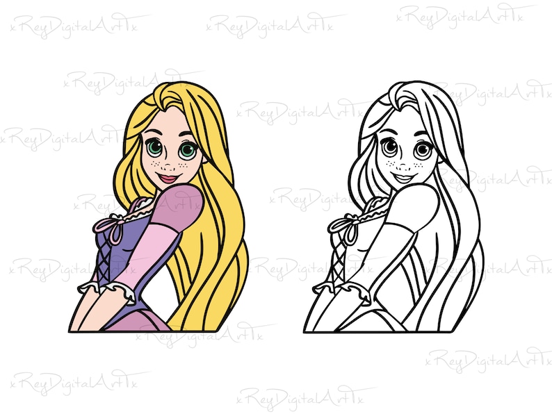 May include: A cartoon illustration of a princess with long blonde hair, wearing a purple and pink dress. She is looking over her shoulder with a smile.