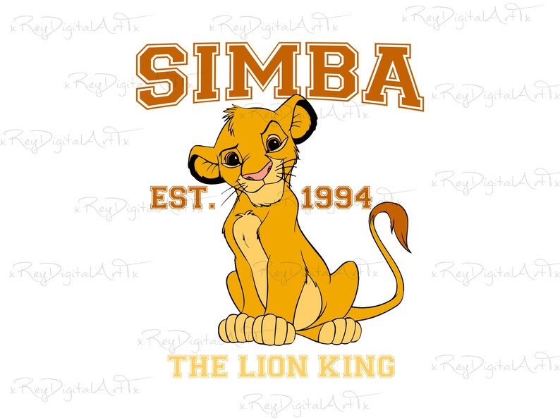 May include: A cartoon illustration of Simba, the lion cub from Disney's The Lion King, sitting with his tail curled. The text "SIMBA" is in a large, orange font above him, and "EST. 1994" is below him. The text "THE LION KING" is in a smaller, orange font below Simba.
