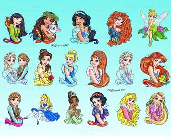 Princess Watercolor Png Bundle, 19 Princess Clipart Set, Ariel Png, Snow White Clipart, Belle Png, Cinderella Print, Elsa and Anna, Rapunzel