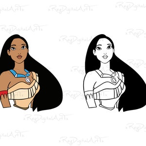 May include: A digital illustration of Pocahontas, a Disney princess, with long black hair, wearing a brown and white outfit with a blue necklace. She is looking to the right.