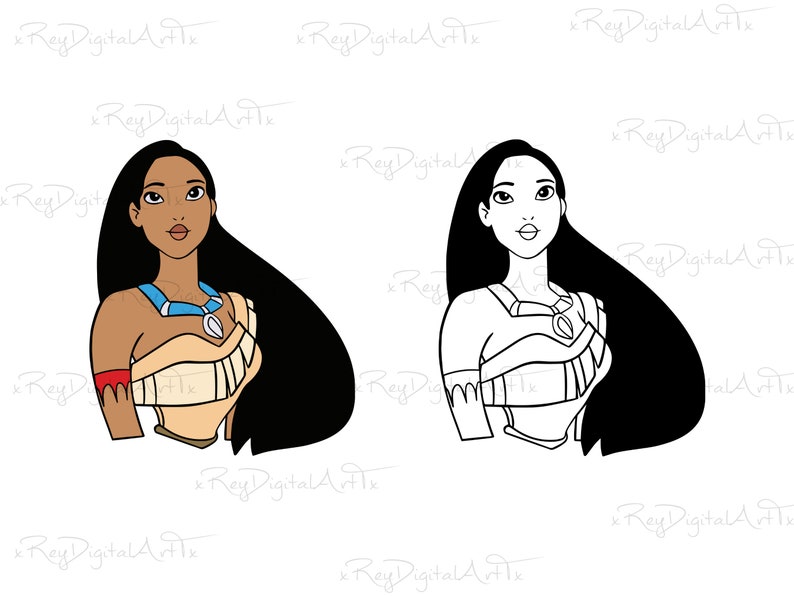 May include: A digital illustration of Pocahontas, a Disney princess, with long black hair, wearing a brown and white outfit with a blue necklace. She is looking to the right.