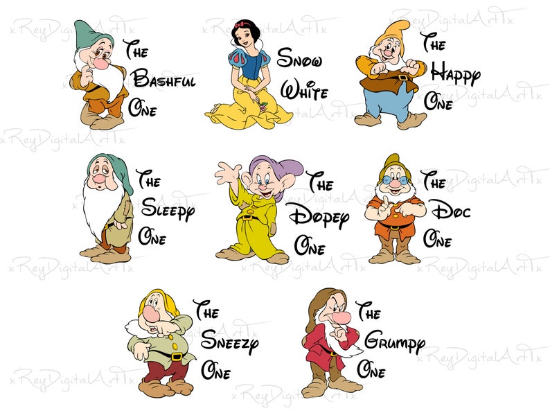 May include: Seven illustrations of the seven dwarfs from Snow White. Each dwarf is depicted in a cartoon style with a unique personality. The dwarfs are labeled with their names:  Bashful, Sleepy, Dopey, Doc, Sneezy, Grumpy, and Happy.