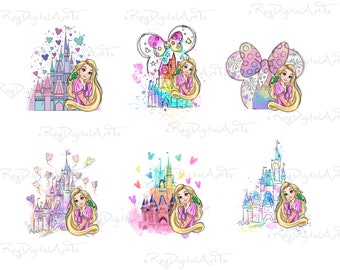 Rapunzel Png Bundle, 8 Design Png Files, Clipart Bundle, Tangled Png, Watercolor Princess png, Tangled Instant Digital Download Birthday