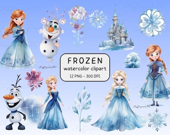 Clipart acquerello Frozen, set di PNG Elsa Anna Olaf, download digitale della principessa delle nevi, clipart del castello invernale, pacchetto PNG Frozen, Elsa e Anna
