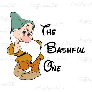 May include: A cartoon illustration of a dwarf with a blue hat and a white beard. The dwarf is smiling and has a pink nose. The text "The Bashful One" is written in black below the dwarf.