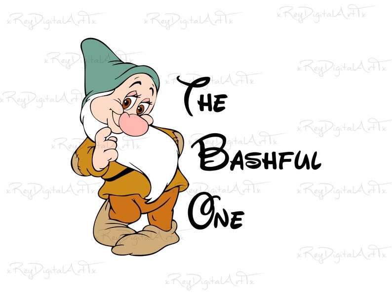May include: A cartoon illustration of a dwarf with a blue hat and a white beard. The dwarf is smiling and has a pink nose. The text "The Bashful One" is written in black below the dwarf.