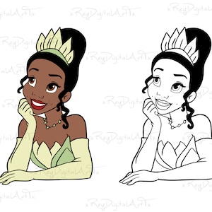 May include: A cartoon illustration of a princess with brown skin, wearing a green dress and a gold crown. She has a thoughtful expression on her face and is holding her chin with her hand.