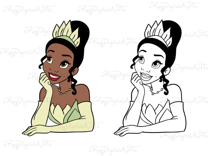 May include: A cartoon illustration of a princess with brown skin, wearing a green dress and a gold crown. She has a thoughtful expression on her face and is holding her chin with her hand.