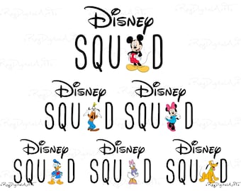 May include: A white background features the words "Disney Squad" in black, with various Disney characters. Mickey Mouse, Goofy, Minnie Mouse, Donald Duck, Daisy Duck, and Pluto are depicted in their classic outfits.