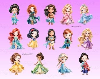 Princess Baby Clipart Bundle, Cute Watercolor Princess Png, Chibi Princess Png, Baby Princess Png, Princess Prints, All Princess Clipart