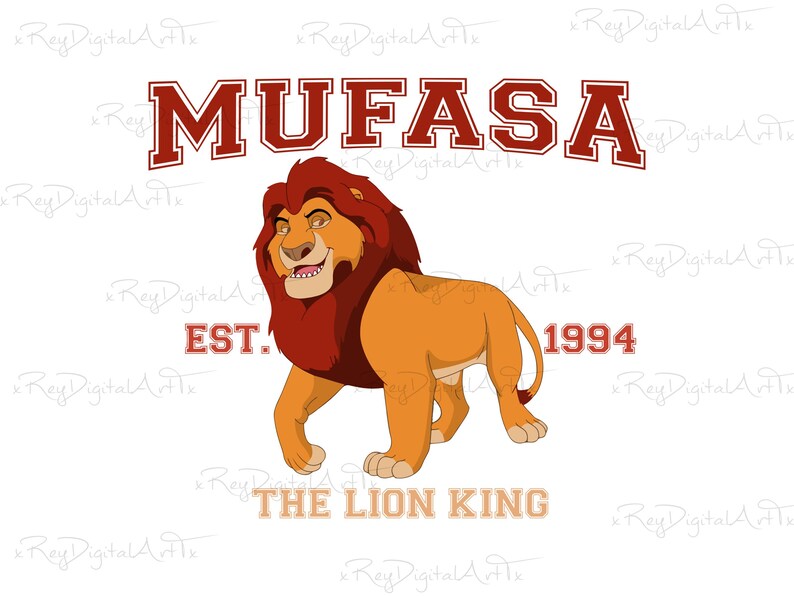 May include: A cartoon illustration of Mufasa, the lion king, from the Disney movie The Lion King. The image features a red and white text banner with the words "MUFASA" and "EST. 1994". Below the lion is the text "THE LION KING".