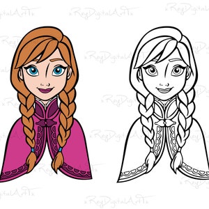 May include: A digital illustration of a cartoon character with long red hair in two braids, wearing a pink cape and a dark purple dress. The character is shown in both colour and black and white.