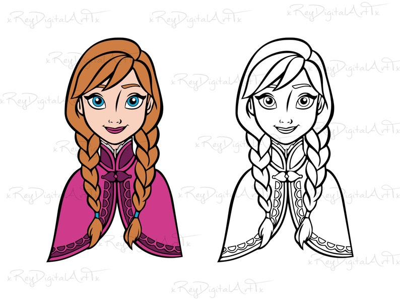 May include: A digital illustration of a cartoon character with long red hair in two braids, wearing a pink cape and a dark purple dress. The character is shown in both colour and black and white.