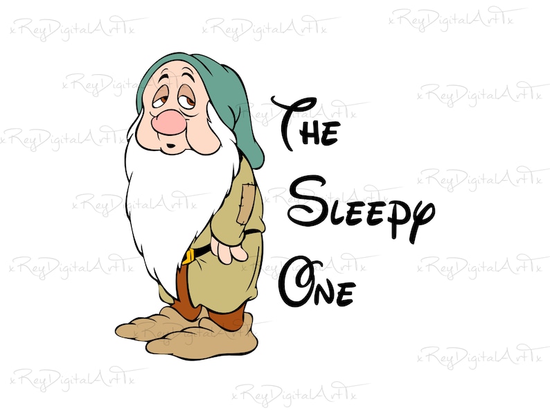 May include: A cartoon illustration of Sleepy from Snow White and the Seven Dwarfs. He is wearing a green hat and brown pants. The text "THE SLEEPY ONE" is written in black below him.