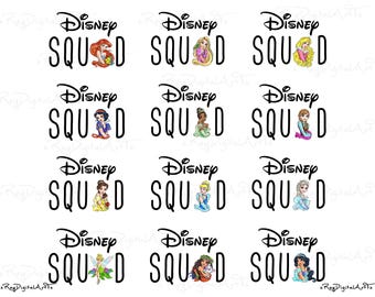 May include: A collection of Disney Squad designs featuring various Disney princesses. Each design includes the Disney logo above the word "SQUAD" in a bold, black font, with a princess illustration. The princesses include Ariel, Rapunzel, and Snow White.