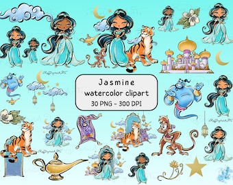 Set di clipart ad acquerello della principessa Jasmine, lampada magica di Aladino, genio tigre, png, principessa araba, stampe di Jasmine, stampa a sublimazione della principessa