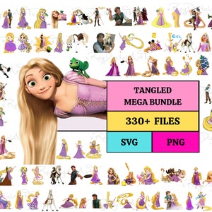 May include: A digital clipart bundle featuring over 330 images of Rapunzel from the Disney movie Tangled. The images include Rapunzel in various poses, with her long blonde hair, and with her chameleon friend Pascal. The bundle includes both SVG and PNG files.