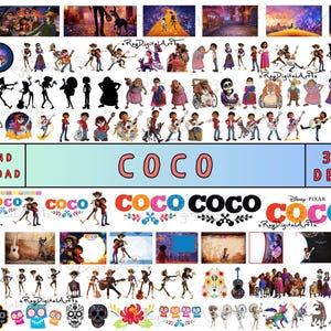 Coco, plus de 390 fichiers Png, Bundle de cliparts Coco, téléchargement de fichiers Png, décorations d'anniversaire Coco, impressions Coco, décorations de gâteau, fichiers Png chemise