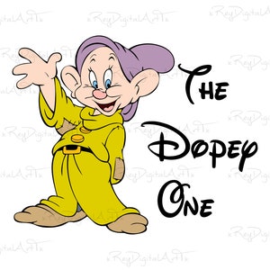 May include: A cartoon illustration of Dopey, one of the seven dwarfs from the Disney movie Snow White and the Seven Dwarfs. He is wearing a yellow shirt and purple hat. The text "The Dopey One" is written in black below him.